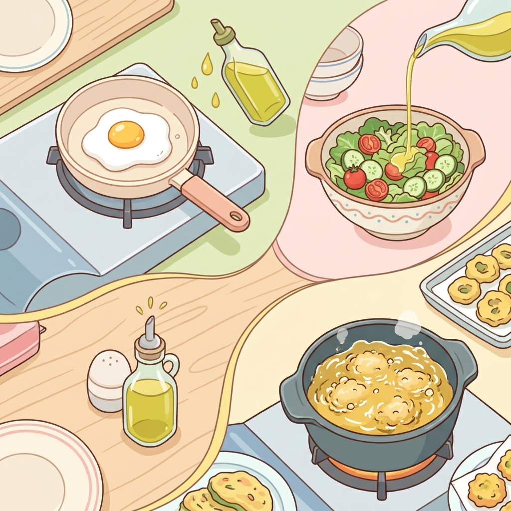 올리브유 가열 용도별 활용 장면을 보여주는 일러스트