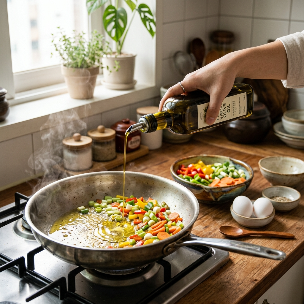 올리브유 가열 조리를 위해 프라이팬에 올리브유를 두르는 장면