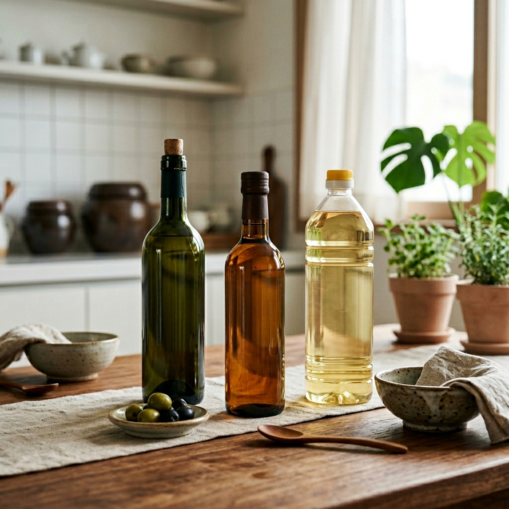 올리브유 고르는법, 마트에서 헷갈리지 않는 핵심 기준 1 올리브유 고르는법 비교를 위해 나란히 놓인 세 가지 올리브유 병