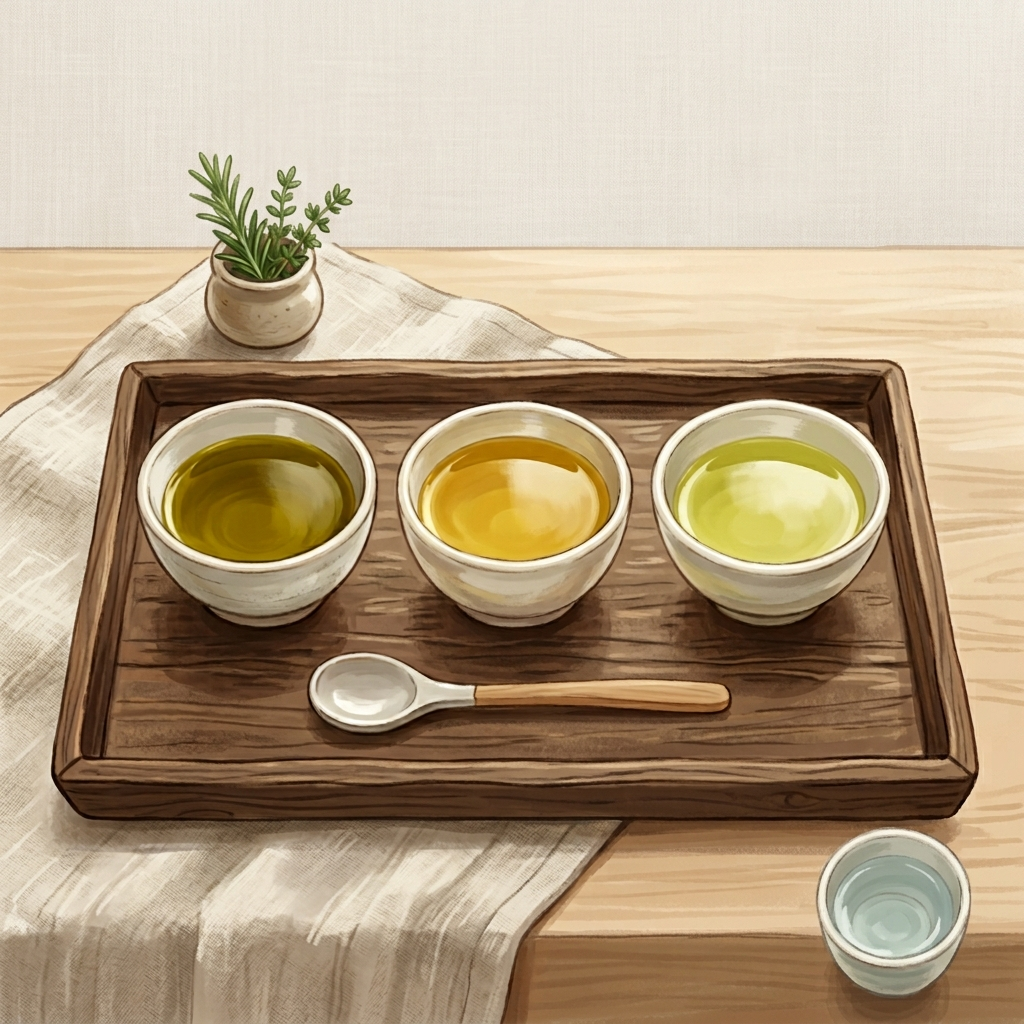 올리브유 고르는법, 마트에서 헷갈리지 않는 핵심 기준 4 올리브유 등급별 색상 차이를 보여주는 세 개의 도자기 그릇