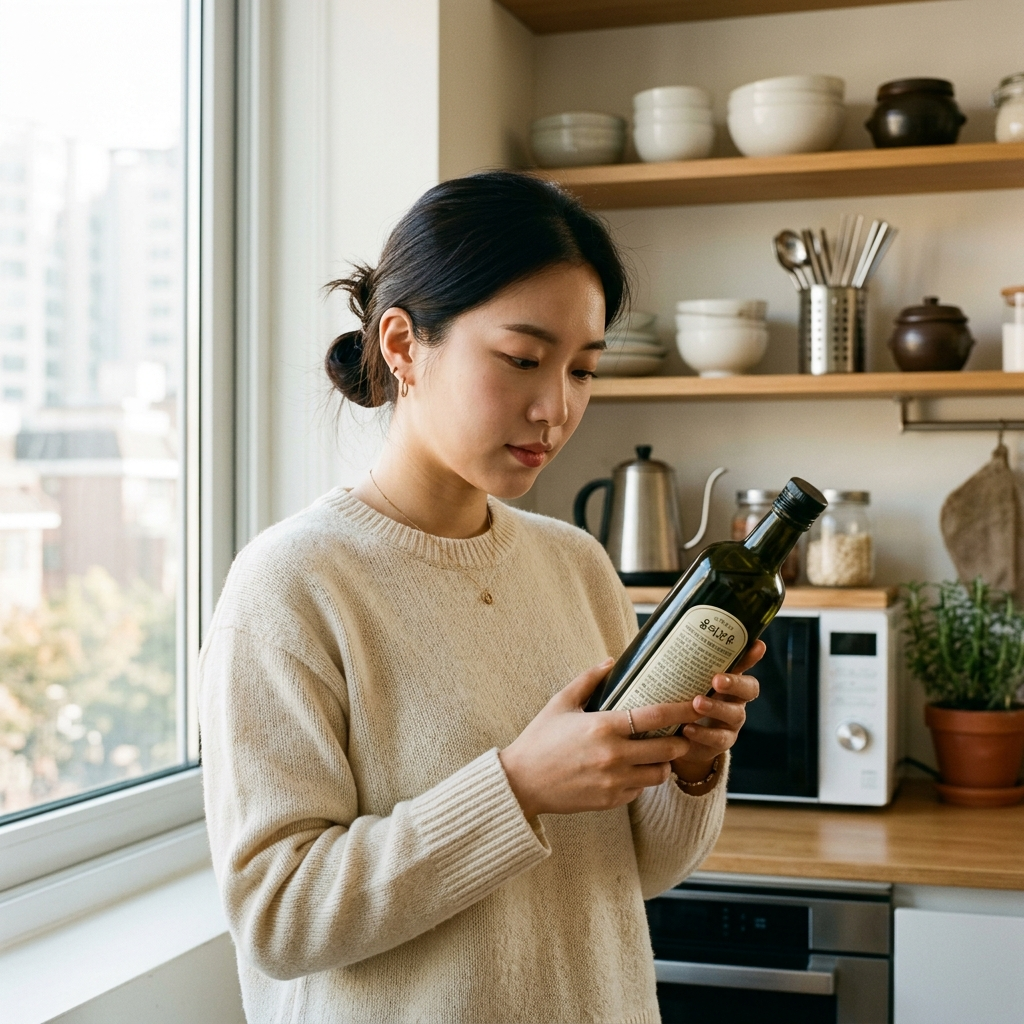 올리브유 고르는법, 마트에서 헷갈리지 않는 핵심 기준 3 올리브유 라벨을 확인하며 고르는 모습