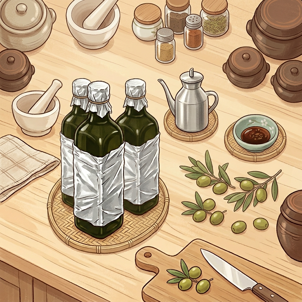 올리브유 보관법을 보여주는 호일 감싼 병과 스테인리스 소분 용기