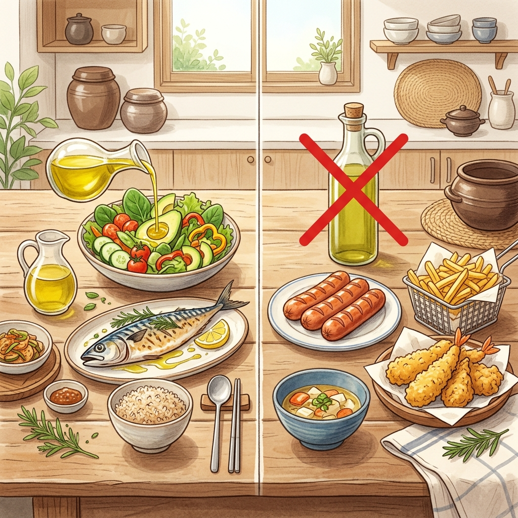 올리브유 상극 음식과 궁합 좋은 음식 비교 일러스트