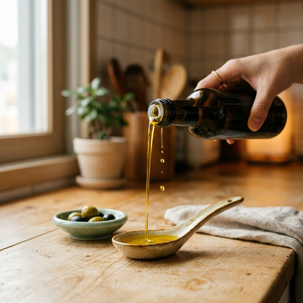 올리브유 하루 섭취량 한 스푼을 도자기 숟가락에 따르는 모습