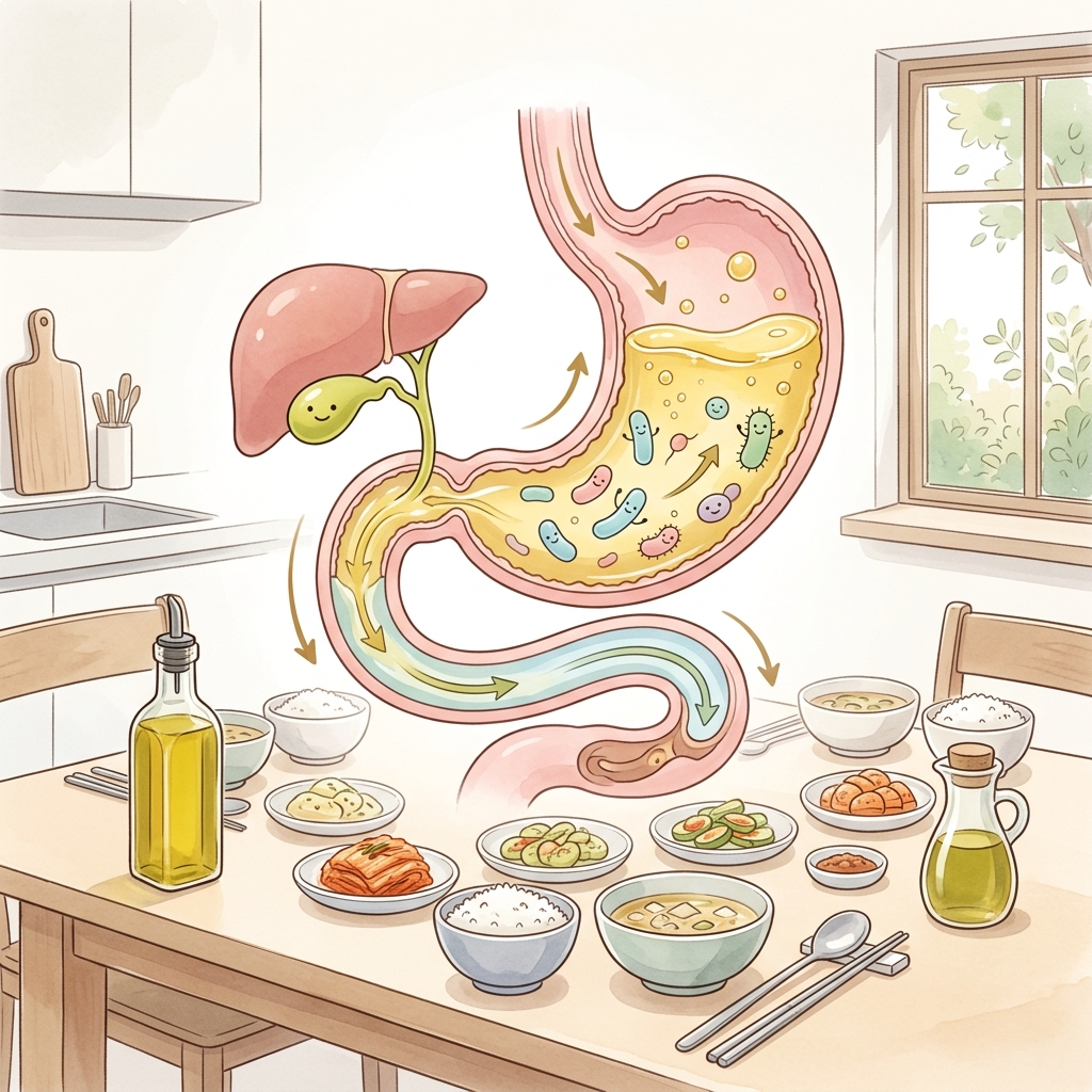 올리브유가 위장 점막을 코팅하고 담즙 분비를 촉진하는 과정