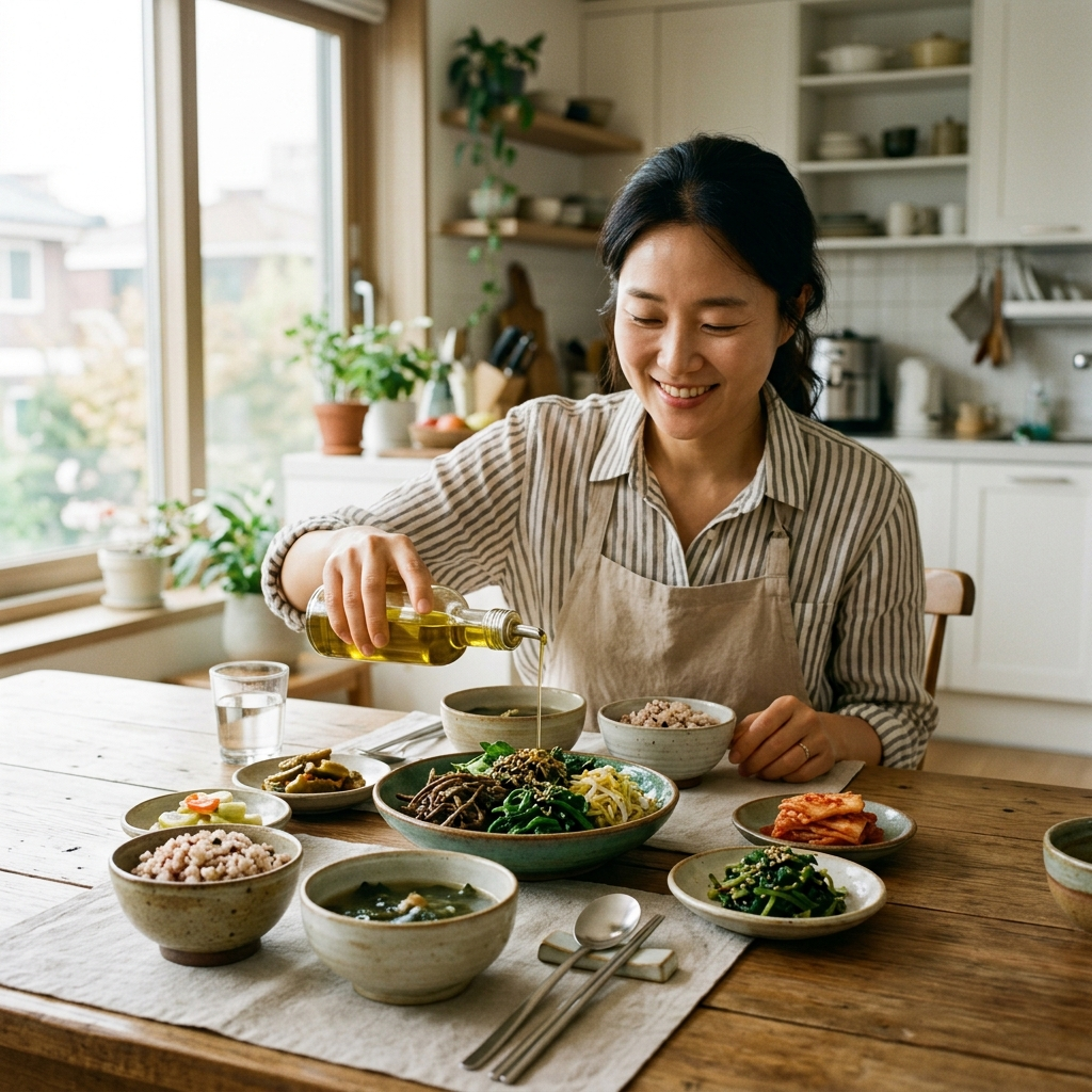 올리브유를 나물 반찬에 뿌리고 있는 한국 여성의 식사 장면