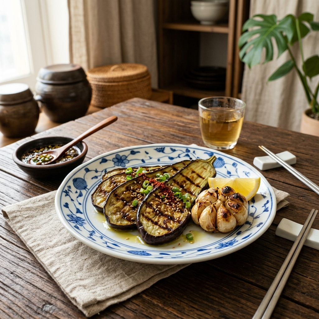 올리브유를 뿌린 가지구이와 마늘 레몬이 한국 도자기 접시에 담긴 모습