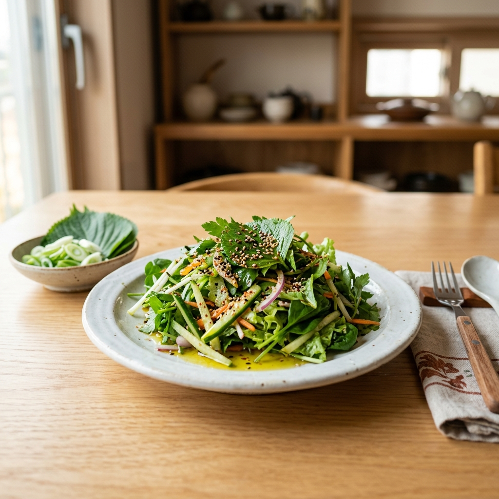 올리브유를 뿌린 한국식 샐러드 접시 클로즈업