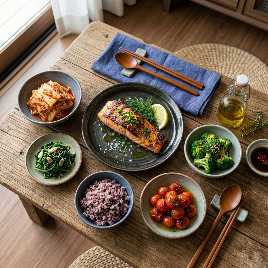 올리브유를 활용한 건강한 한식 밥상 위 생선과 채소 반찬