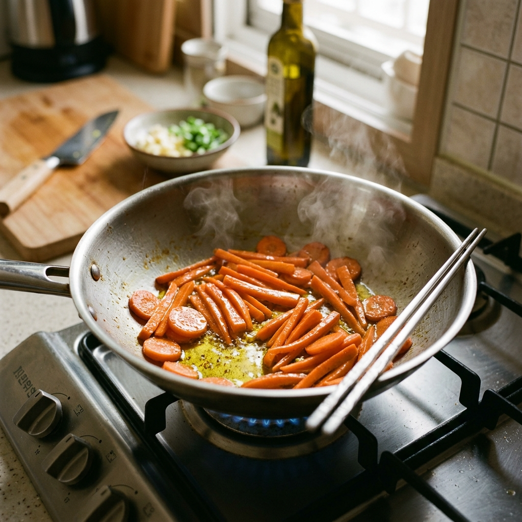 올리브유에 볶고 있는 당근의 베타카로틴 흡수율을 높이는 조리 장면