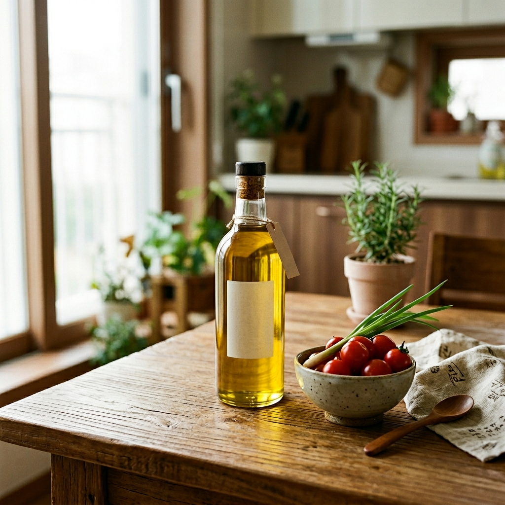 올리브유와 궁합 좋은 음식 방울토마토가 한국식 나무 식탁 위에 놓인 모습