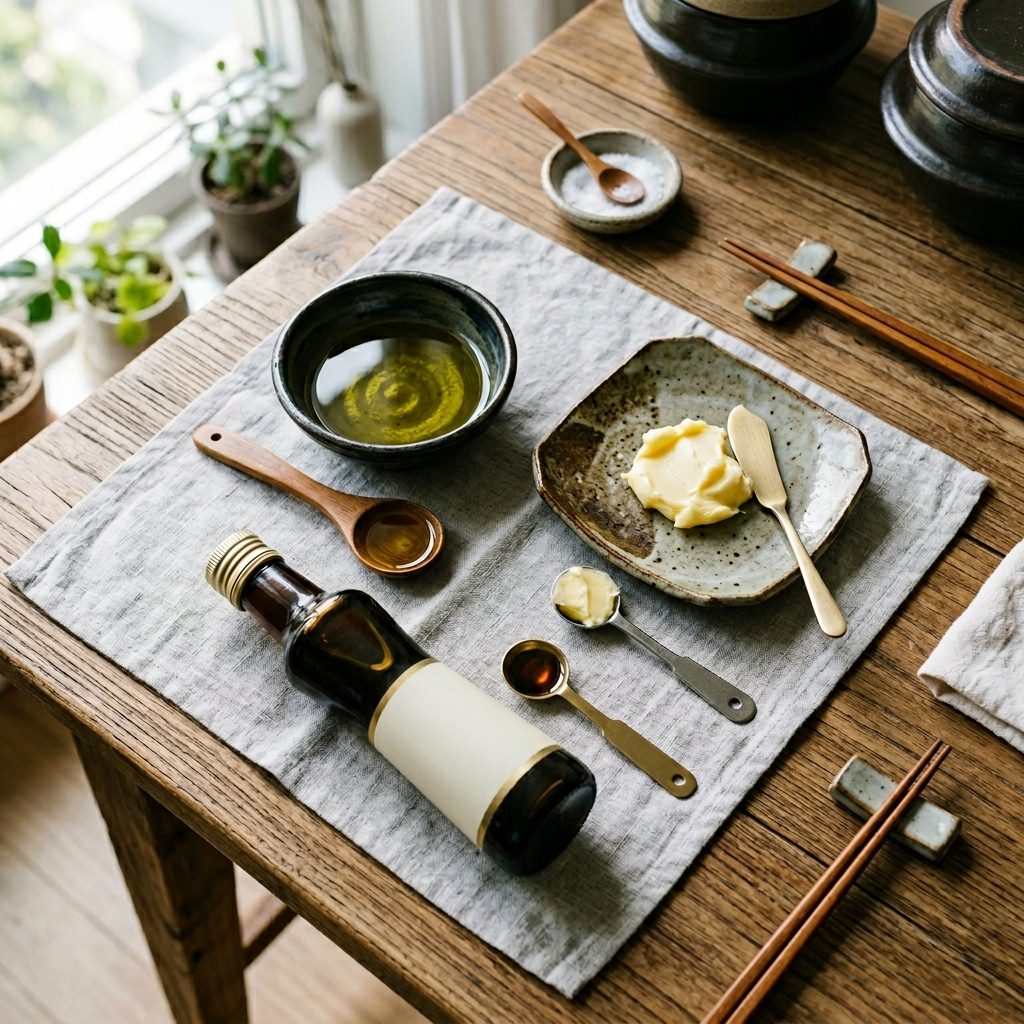 올리브유와 버터 참기름을 도자기 그릇에 담아 비교한 장면
