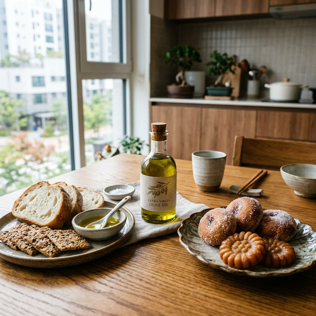 올리브유와 상극 음식인 흰빵 과자 디저트가 함께 놓인 한국식 식탁
