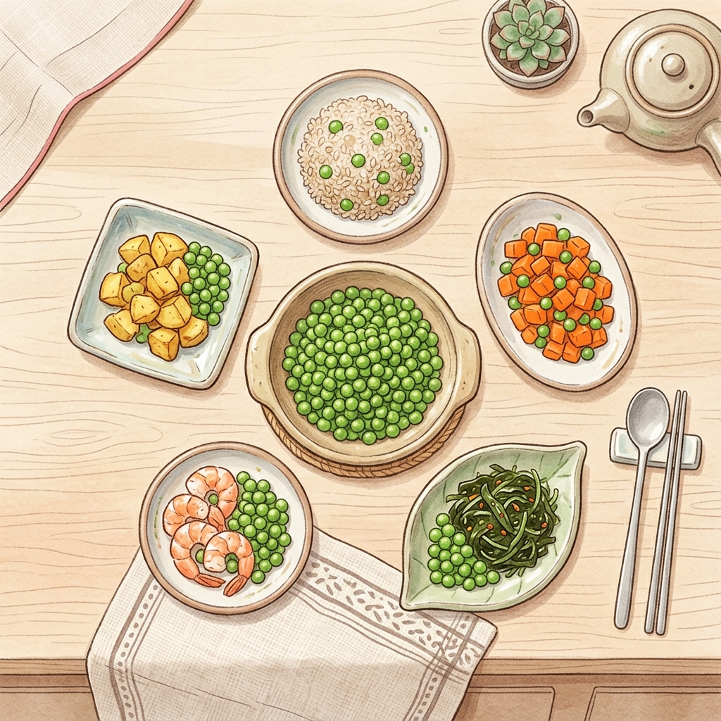 완두콩과 궁합 좋은 음식, 이렇게 먹으면 영양이 두 배가 됩니다 4 완두콩 궁합 좋은 음식 5가지를 한식 그릇에 나눠 담은 일러스트