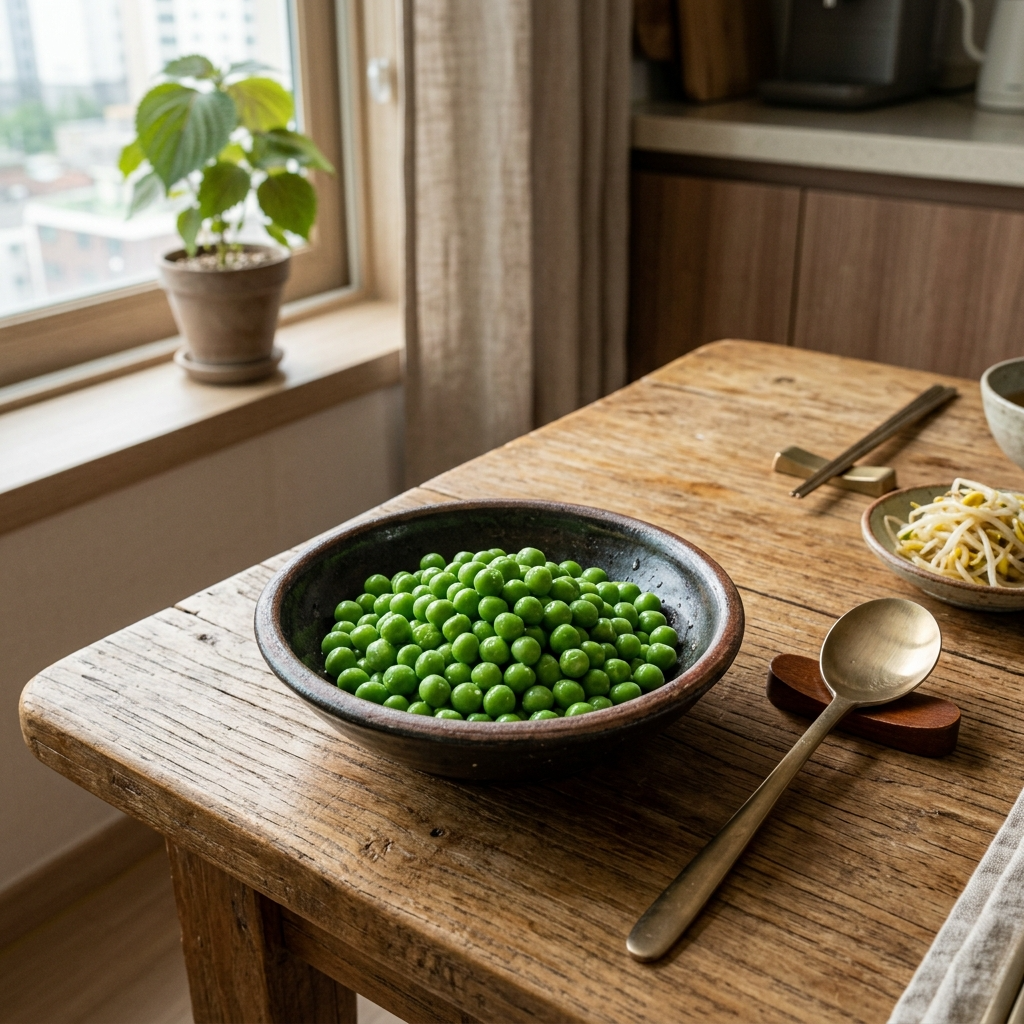완두콩 하루 섭취량, 많이 먹으면 오히려 탈 나는 이유 1 완두콩 하루 섭취량 30~40g을 도자기 그릇에 담은 모습