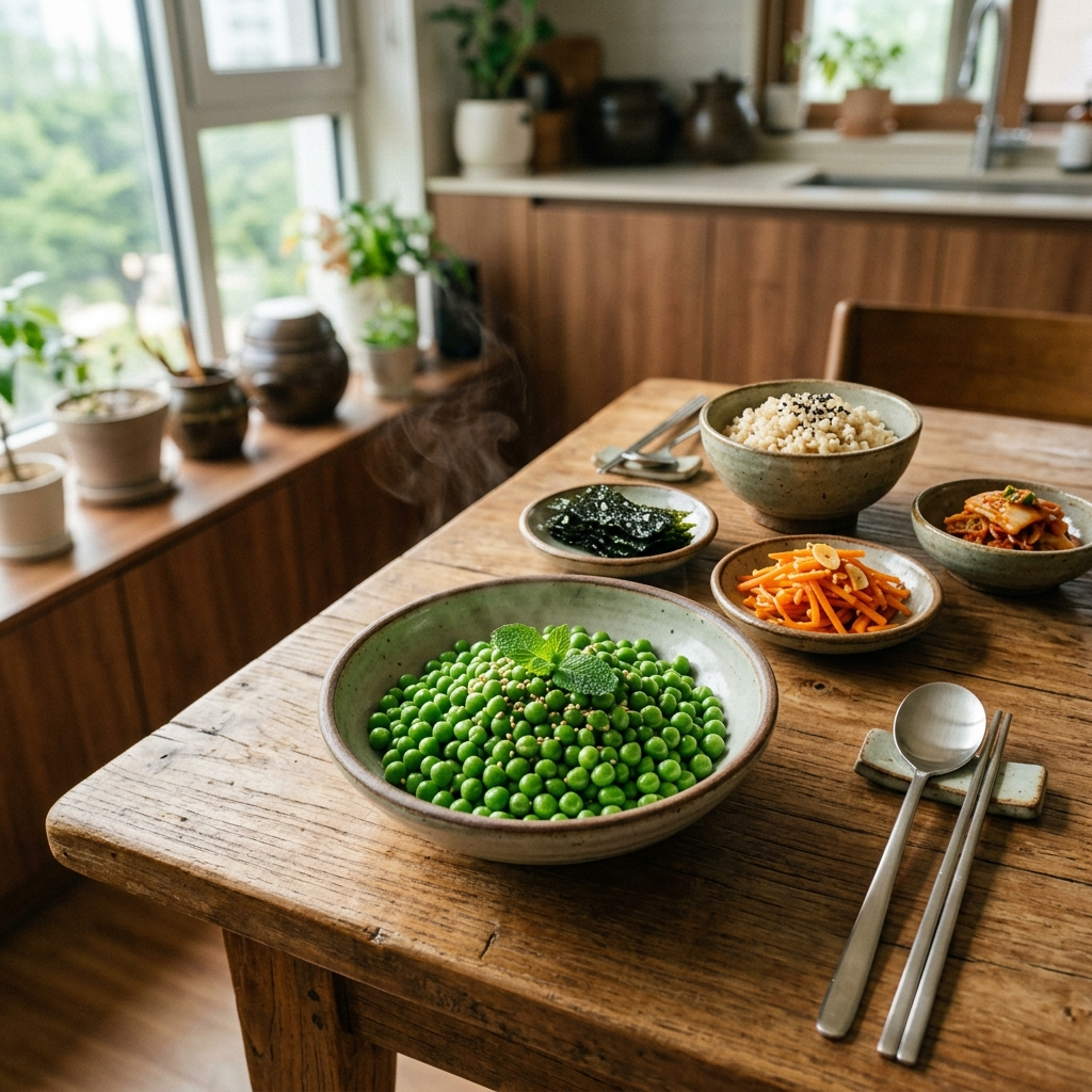 완두콩과 궁합 좋은 음식, 이렇게 먹으면 영양이 두 배가 됩니다 1 완두콩과 궁합 좋은 음식 재료들이 한식 그릇에 담긴 모습