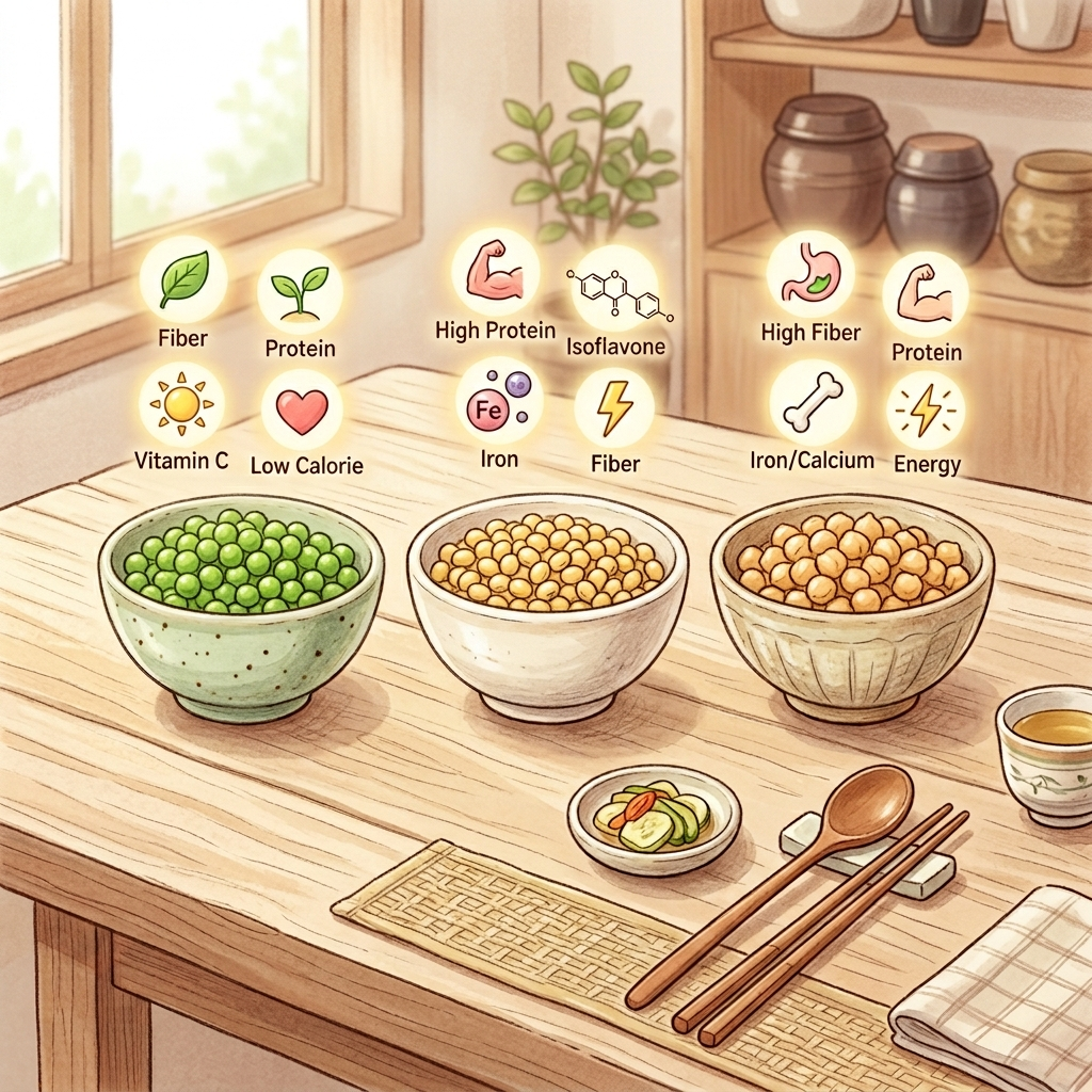 완두콩 효능, 작지만 이 정도일 줄은 정말 몰랐다 3 완두콩과 대두 병아리콩을 한국 도자기 그릇에 각각 담아 비교한 모습