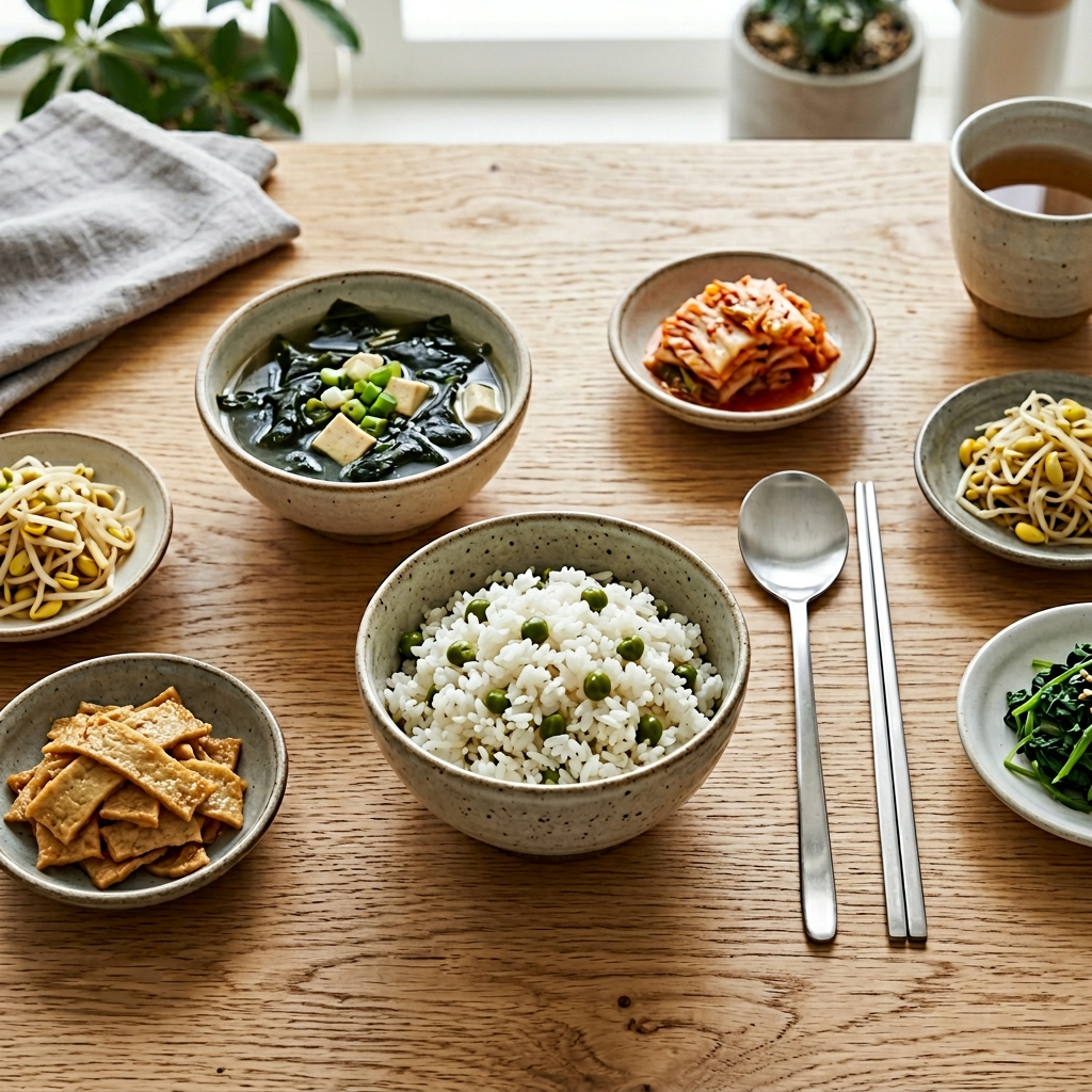 완두콩과 상극 음식, 모르고 같이 먹으면 영양소가 날아갑니다 3 완두콩밥과 미역국이 차려진 한국식 식탁 풍경