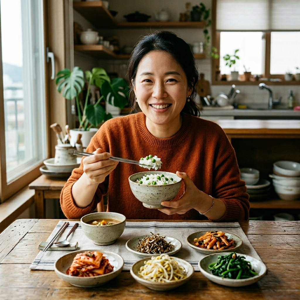완두콩 효능, 작지만 이 정도일 줄은 정말 몰랐다 2 완두콩밥을 먹고 있는 한국 여성과 반찬이 놓인 한국식 식탁