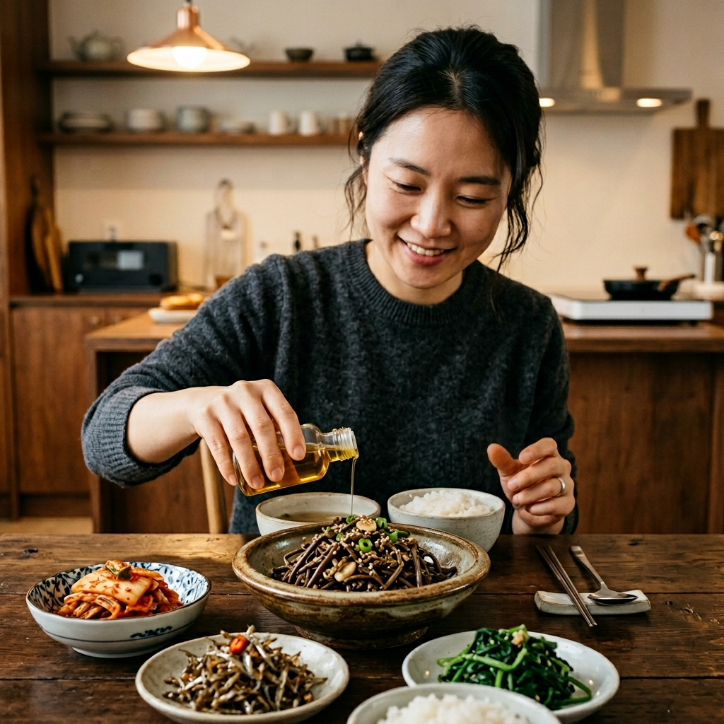 완성된 고사리나물 위에 들기름을 마무리로 넣는 모습