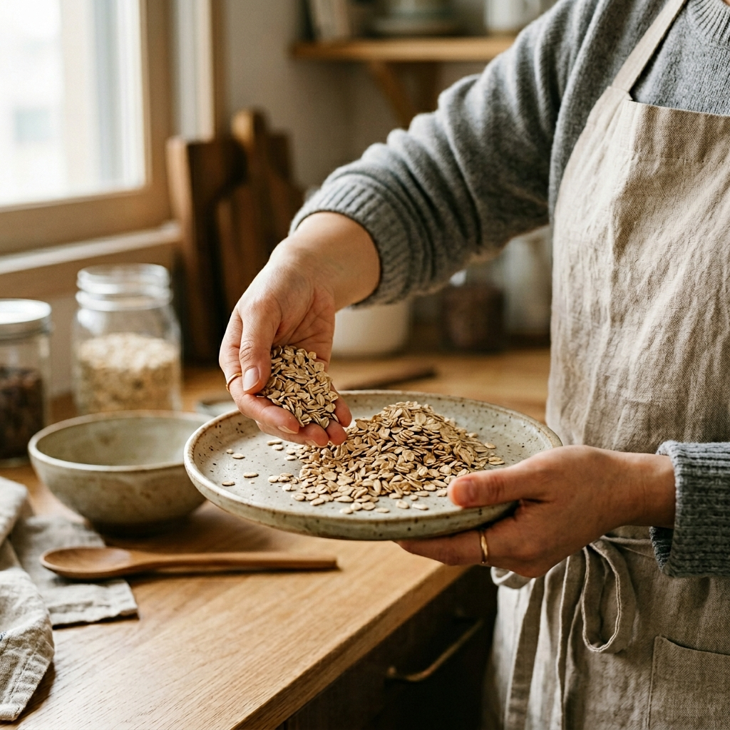유리 용기에서 꺼낸 롤드 오트를 직접 확인하는 모습