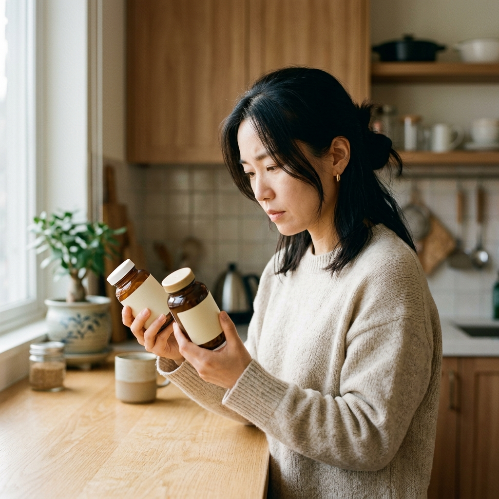 유산균 100억 vs 500억 차이를 비교하며 라벨을 살펴보는 한국 여성