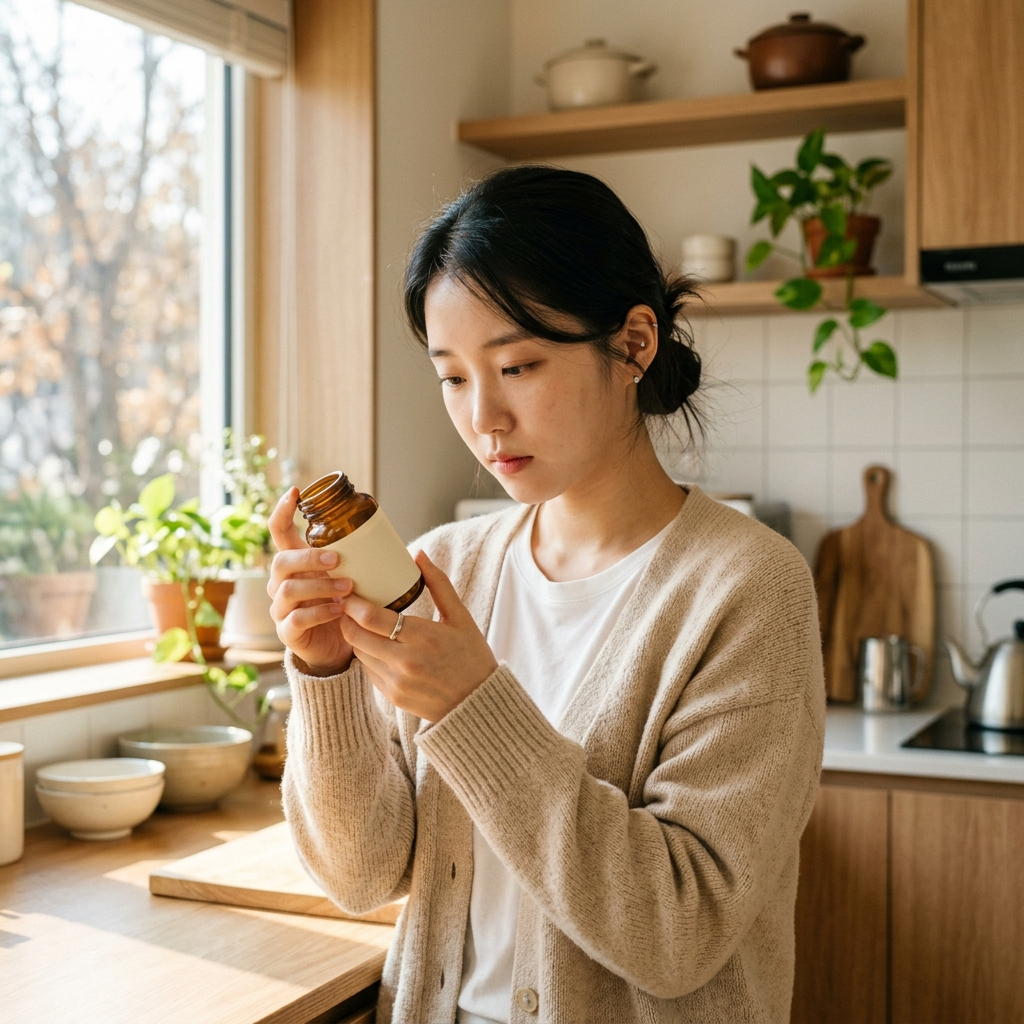 유산균 CFU 뜻 표기를 확인하며 영양제 라벨을 살펴보는 모습