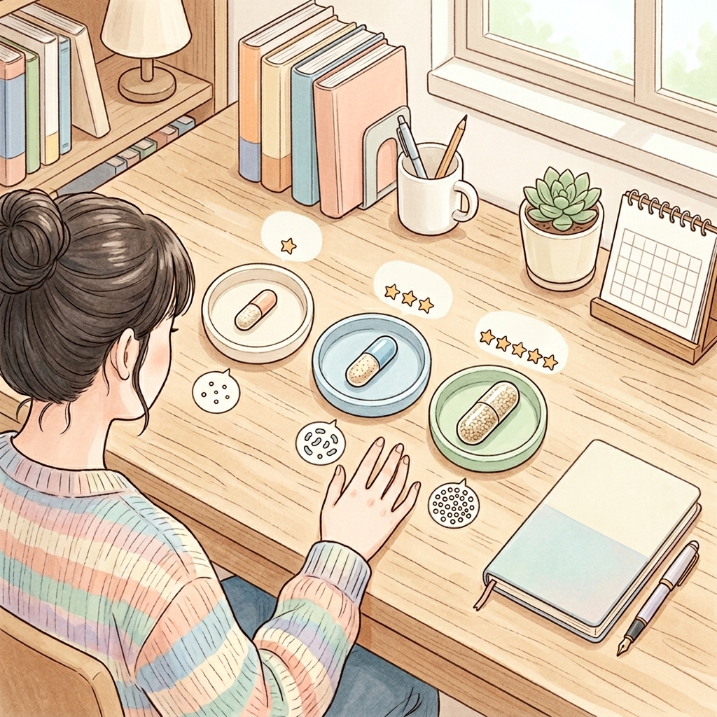 유산균 CFU 함량별 캡슐 크기를 비교하는 일러스트 이미지