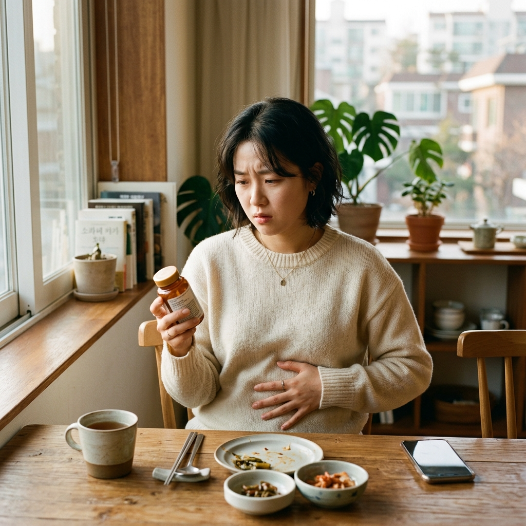 유산균 SIBO 악화로 복용 후 복부팽만으로 불편해하는 한국인 여성