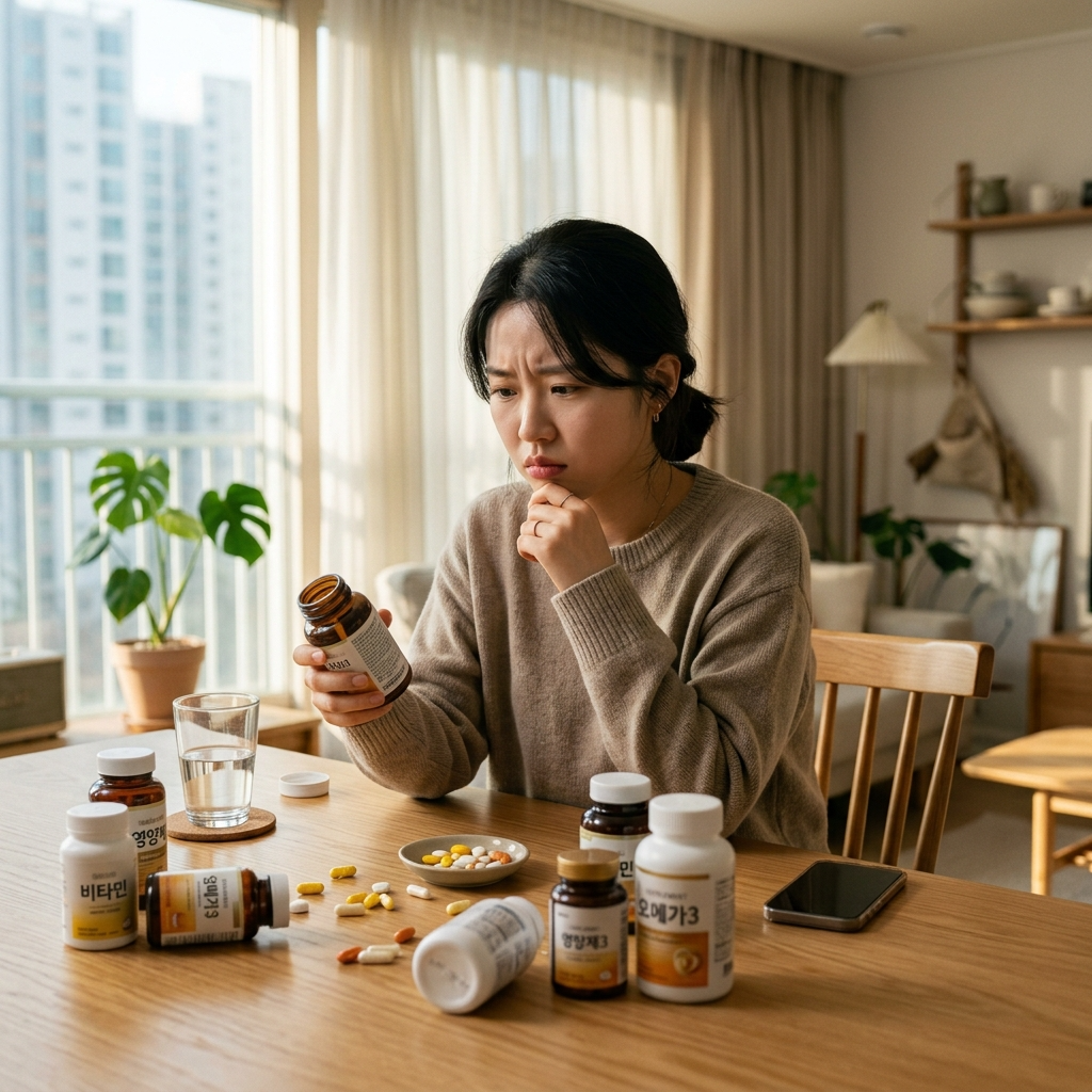유산균 과다 복용 부작용이 걱정되어 여러 영양제 병을 들고 고민하는 여성
