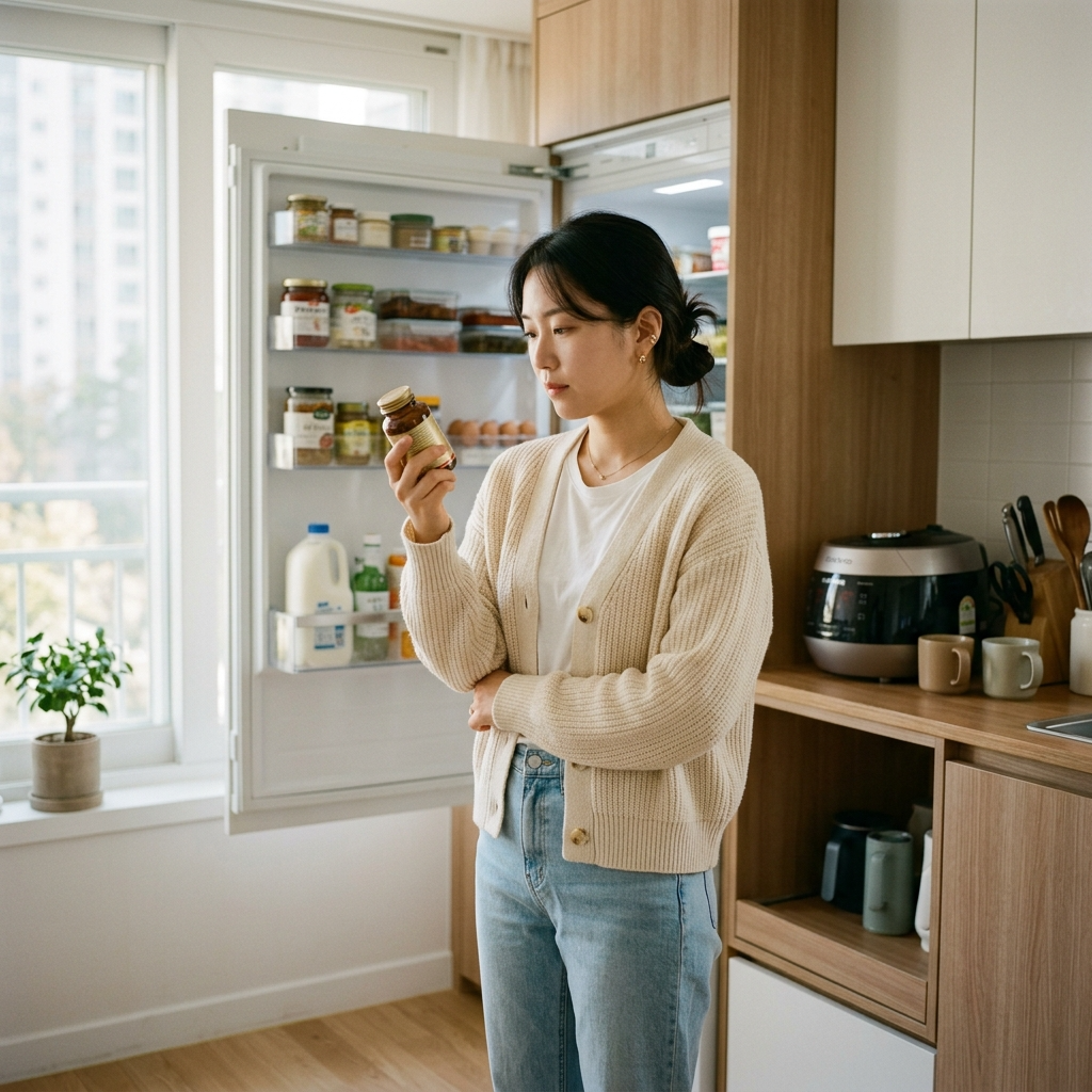 유산균 냉장보관 실온보관 차이 여부를 확인하며 냉장고 앞에 선 여성