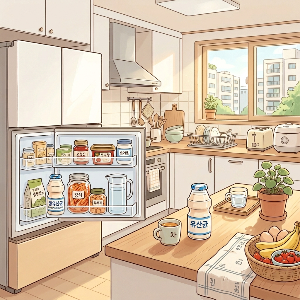 유산균 냉장보관과 실온보관을 비교하는 한국식 주방 장면