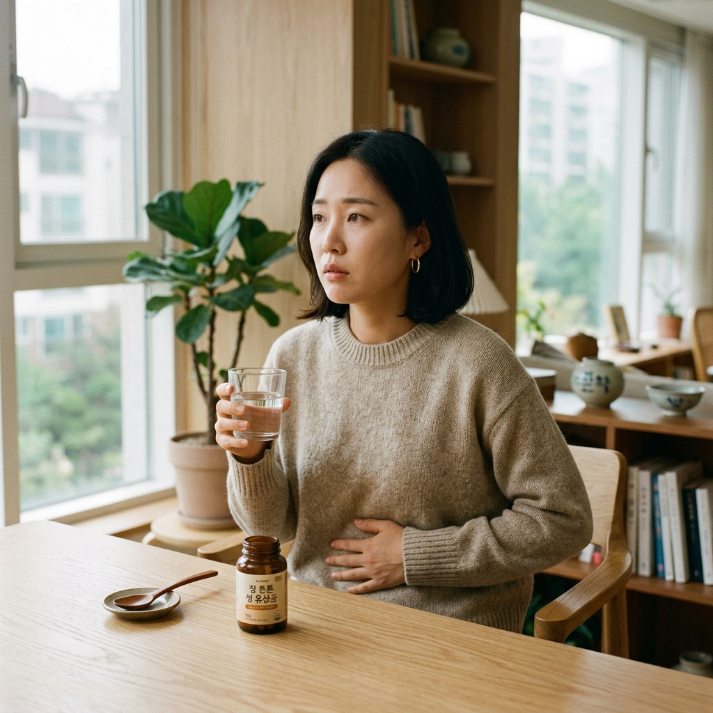 유산균 다이오프 현상으로 배가 불편해 복부를 만지는 한국 여성
