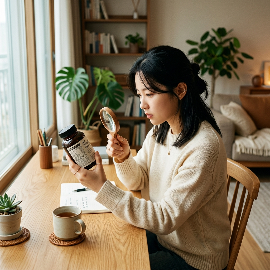 유산균 면역력 효과를 확인하기 위해 영양제 라벨을 읽는 한국 여성