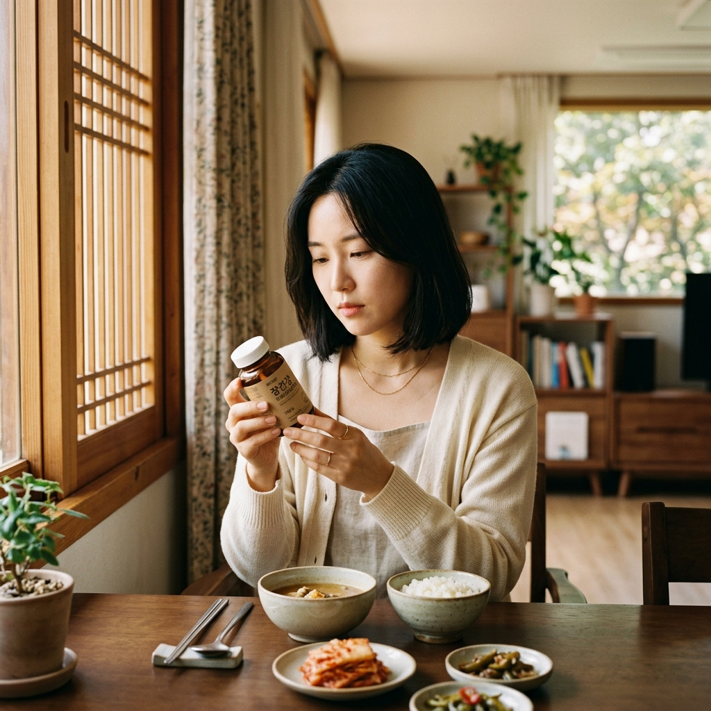 유산균 변비 효과를 위해 제품 라벨을 확인하는 한국 여성