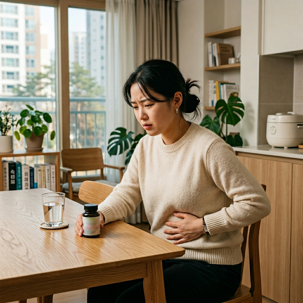 유산균 복용 후 배에 가스가 차서 불편해하는 한국 여성
