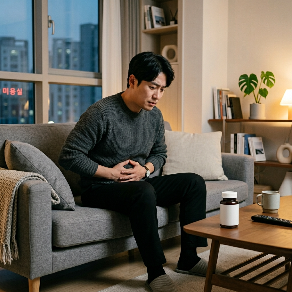 유산균 복용 후 복부 불편감을 느끼며 배를 잡고 있는 남성