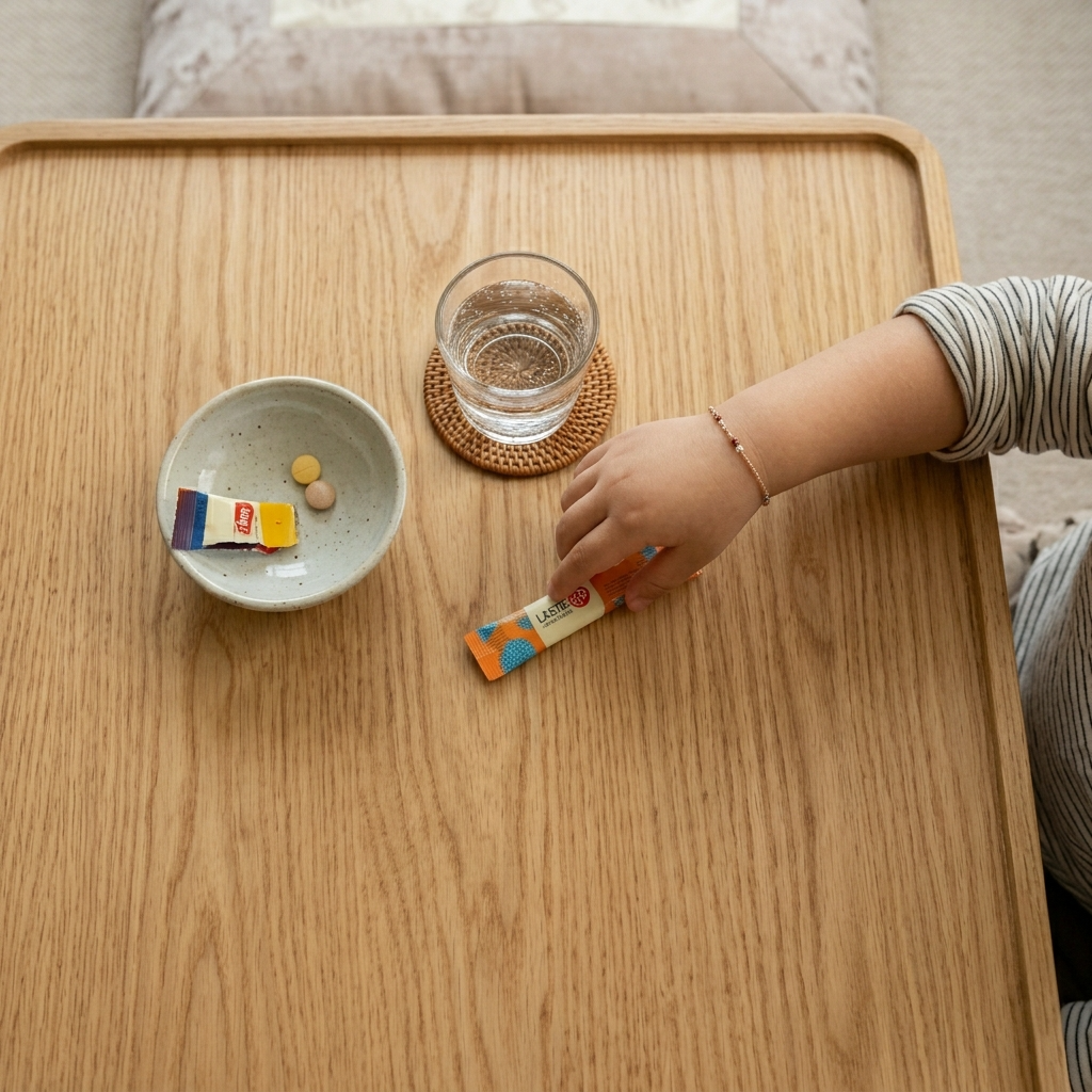 유산균 분말 스틱을 집으려는 어린이 손과 한국식 식탁 위 풍경