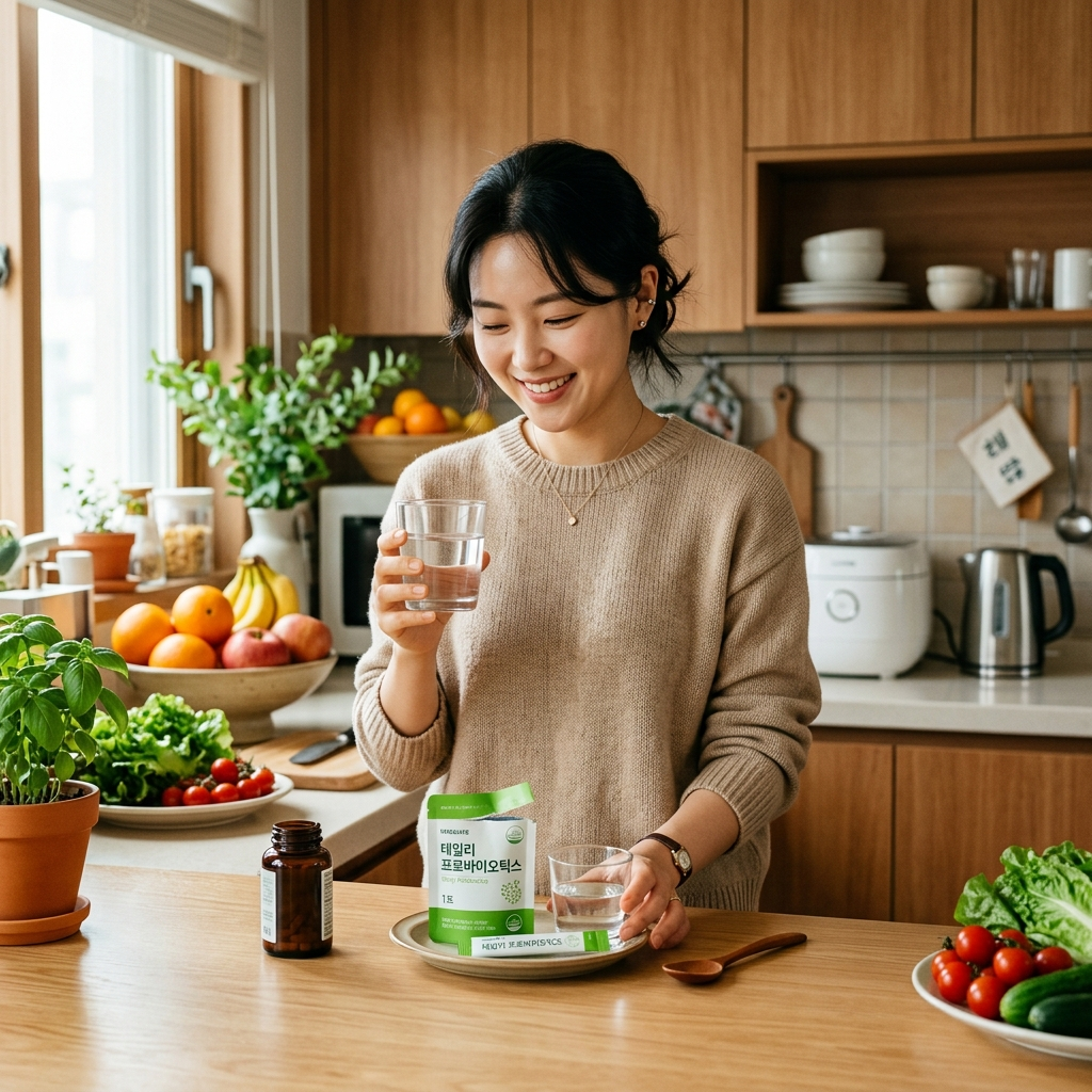 유산균 분말을 물과 함께 섭취하려는 한국 여성의 한국식 주방 모습