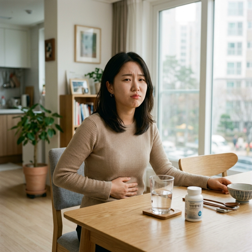 유산균 설사 효과 때문에 배를 잡고 있는 한국 여성과 식탁 위 유산균 영양제