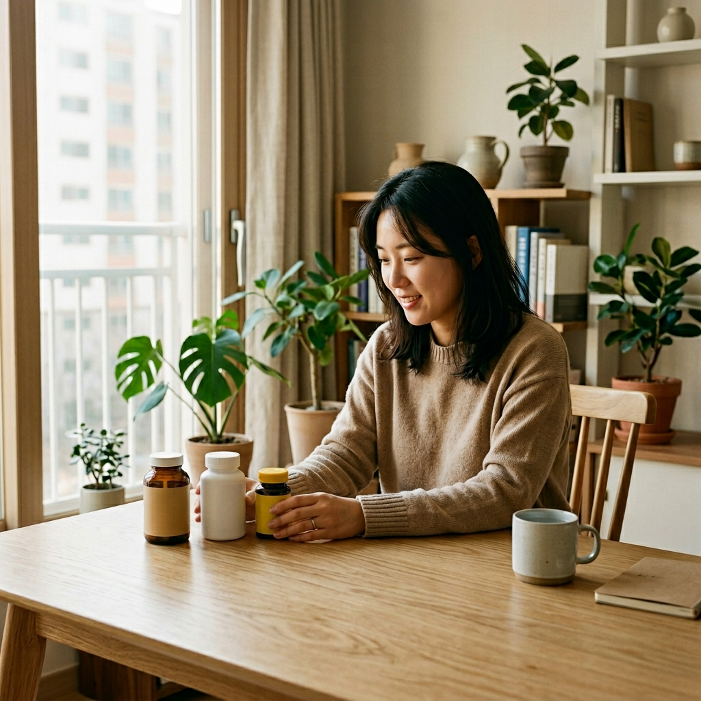 유산균 여러 종류 같이 제품을 비교하는 한국 여성
