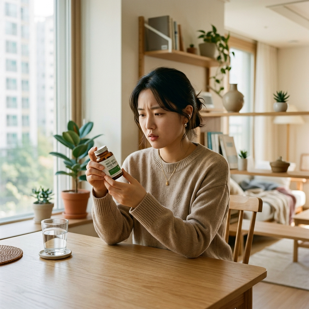 유산균 영양제 병을 들고 고민하는 한국 여성의 모습