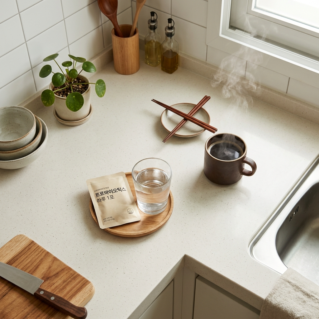 유산균 영양제 옆에 미온수와 커피가 놓인 한국 주방 카운터