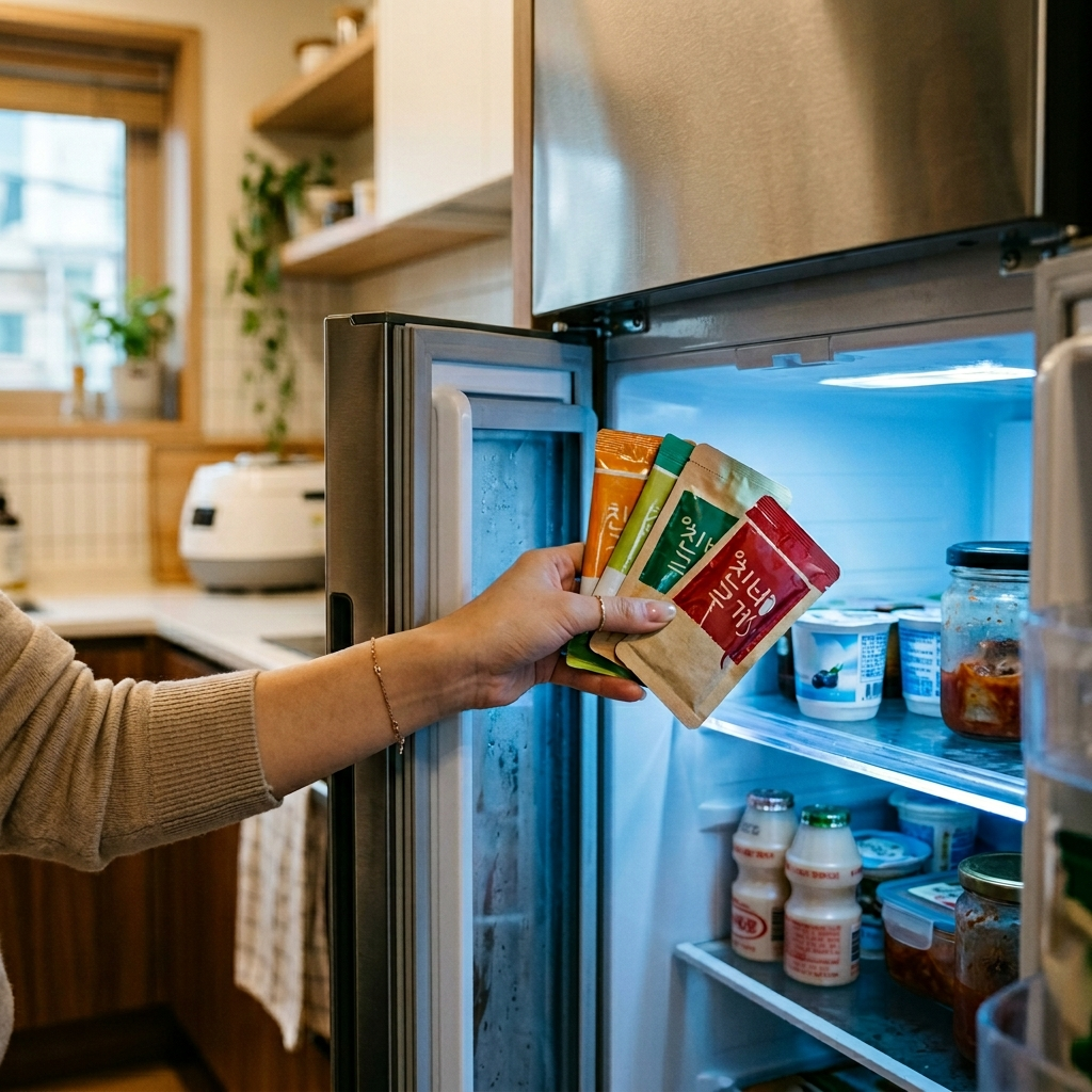 유산균 영양제를 냉장고에 보관하기 위해 넣고 있는 모습