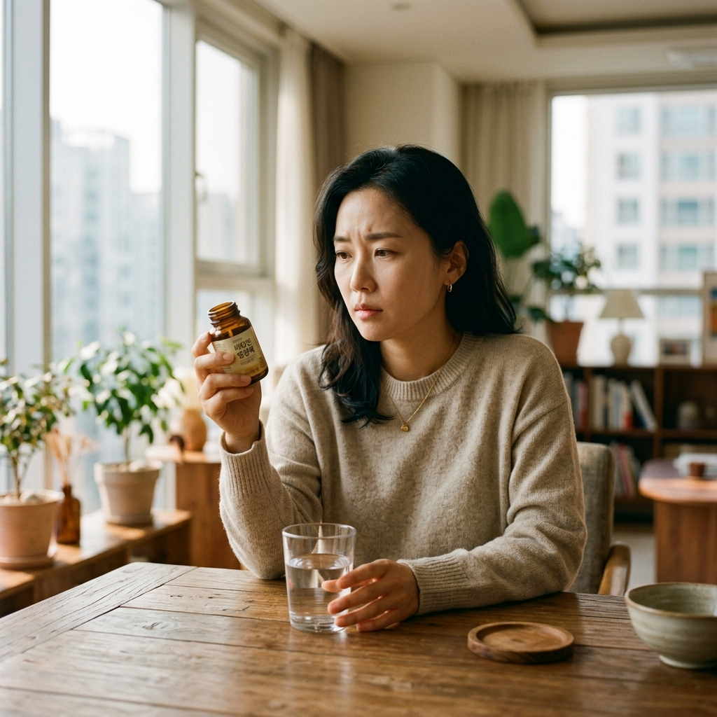 유산균 헬리코박터 관계, 제균 치료할 때 유산균이 정말 도움이 될까 1 유산균 영양제를 들고 고민하는 한국 여성의 모습