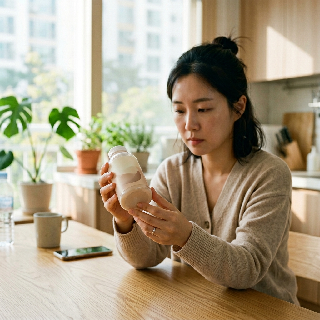 유산균 유통기한 지나면 표기를 확인하고 있는 한국 여성의 모습