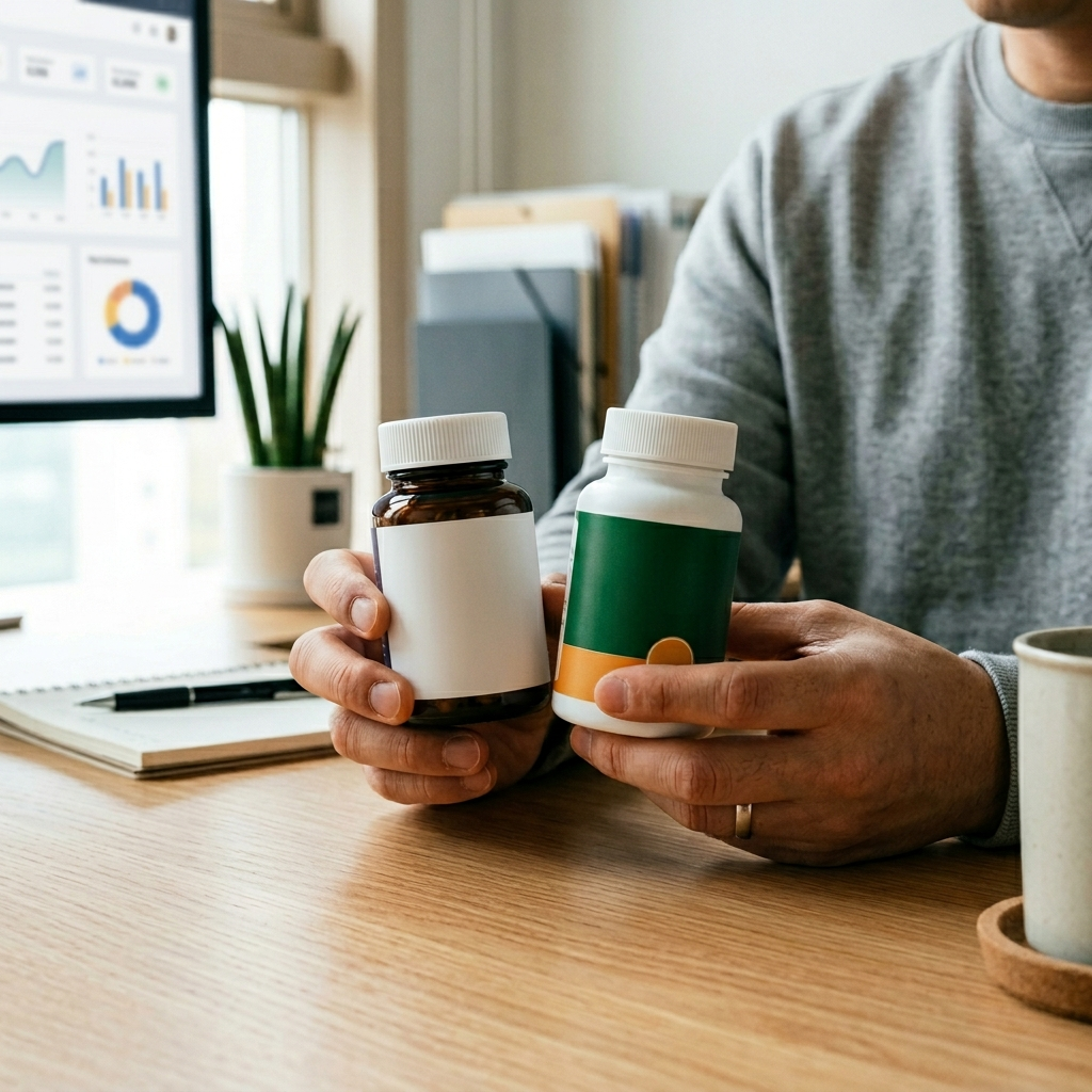 유산균 제품 두 가지를 비교하며 성분표를 확인하는 모습