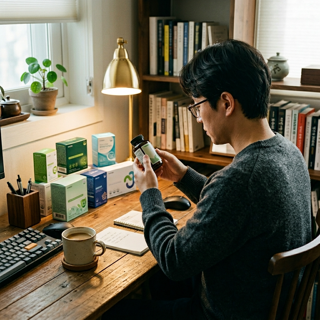유산균 제품 라벨을 꼼꼼하게 비교하며 읽고 있는 한국 남성