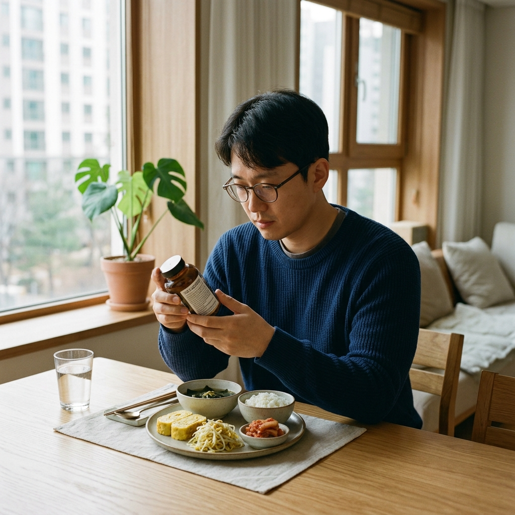 유산균 제품 라벨의 보관 방법과 보장균수를 확인하는 남성