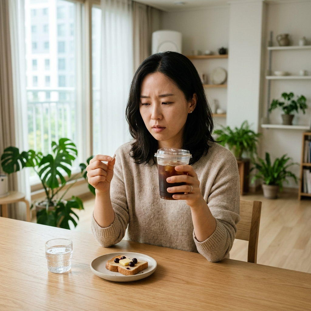 유산균 캡슐과 아이스 아메리카노를 앞에 두고 같이 먹어도 되나 고민하는 한국 여성